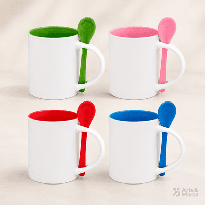 Caneca de Cerâmica com Colher - Interior e Colher Colorido 325ml