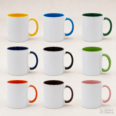Caneca de Cerâmica Branca 325ml - Interior e Alça Colorida