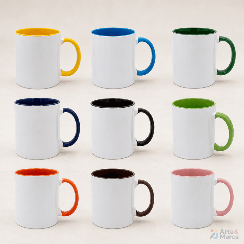 Caneca de Cerâmica Branca 325ml - Interior e Alça Colorida