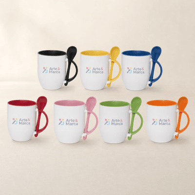 Caneca de Cerâmica Branca com Colher - Interno e Alça Colorido - 325ml