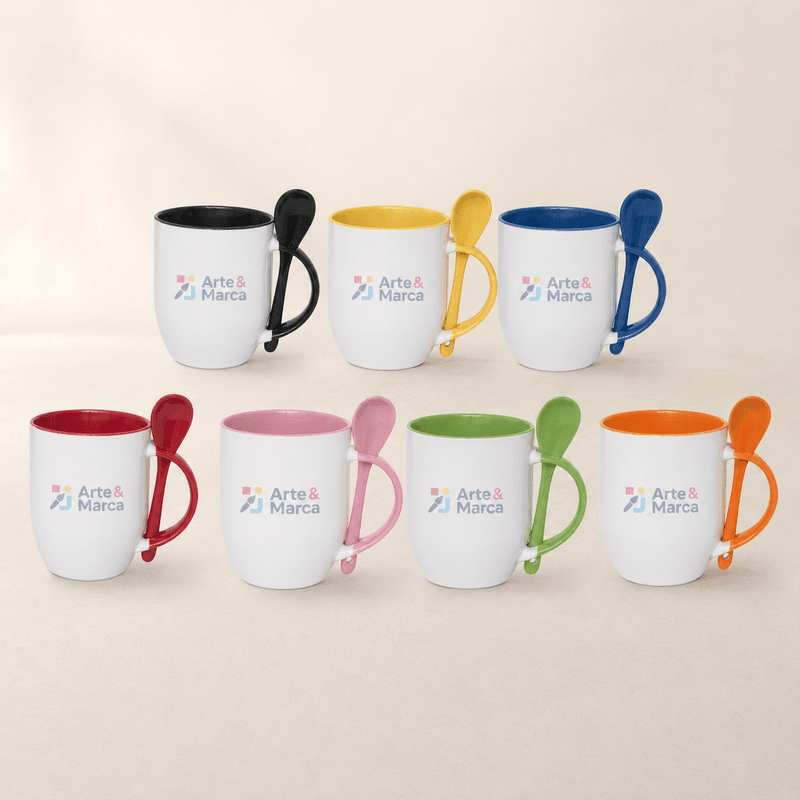 Caneca de Cerâmica Branca com Colher - Interno e Alça Colorido - 325ml