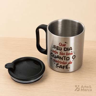 Caneca de Aço Inox com Alça Plástica e Tampa - 250ml